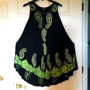Women's sundress, black and green print with embroidery, free size